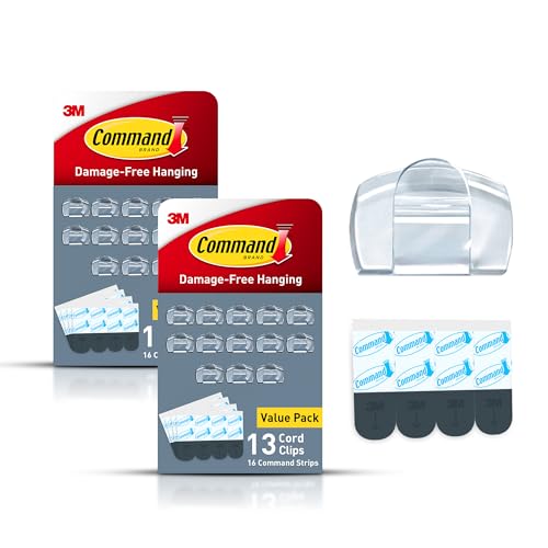 Command Round Cord Clips, Damage Free Hanging Cable, for Hanging Electrical Cables, 26 Clear Cord Clips and 32 Strips - size: 26 Clips, 32 Strips
