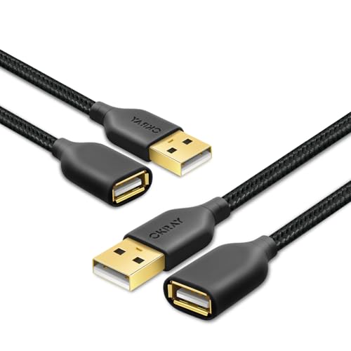 OKRAY USB Extension Cable 10FT, 2-Pack Nylon Braided USB 2.0 Extender Cord Type A Male to A Female Extension Cable with Gold-Plated Connector for USB Flash Drive/Hard Drive, Keyboard, Printer, Webcam - color: Black, size: 10FT