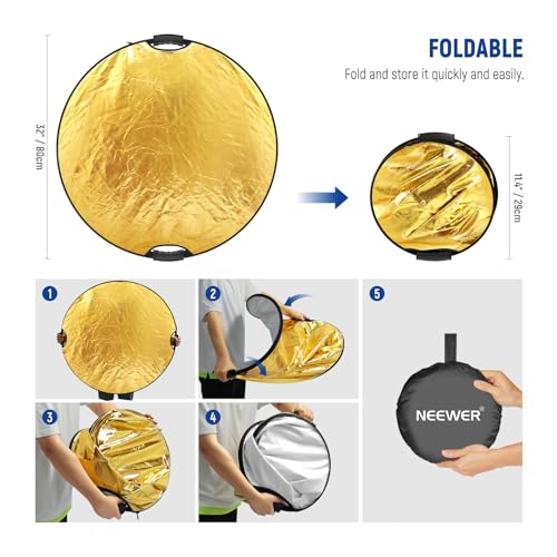 NEEWER 32"/80cm 5 in 1 Light Reflector with Clamp & Hand Grips, Polyester Multi Disc Photography Diffuser, Translucent/Silver/Gold/White/Black, 3/8" Thread, for Studio Outdoor Lighting, RF-80II - style: 80cm w/Clamp