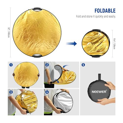 NEEWER 32"/80cm 5 in 1 Light Reflector with Clamp & Hand Grips, Polyester Multi Disc Photography Diffuser, Translucent/Silver/Gold/White/Black, 3/8" Thread, for Studio Outdoor Lighting, RF-80II - style: 80cm w/Clamp