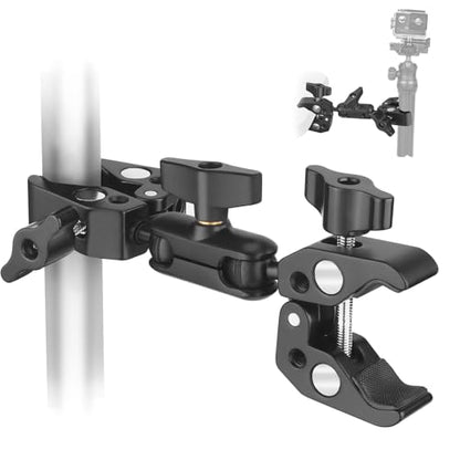 Double Super Clamp Camera Mount, Umbrella Holder Bracket with 360° Ballhead Magic Arm for Pole, Tripod Clamp Mount for Cross Bar, Light Stand, Strollers, Photo Boom Stand, Reflector, Chair