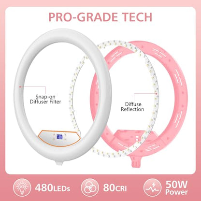 22" Large Ring Light with Stand,Foldable LED Big Ring Light Tripod for iPhone Phone Ipad, 75" Tall Tripod Touch Screen,Wireless Remote for Live Stream,YouTube,TikTok Video Shooting Pink - color: Pink