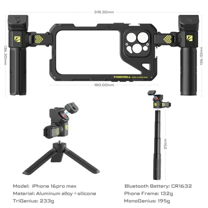 Freewell Genius Rig Cage for iPhone 16 Pro Max - Tool-Free Setup, Multifunctional Tripod and Monopod Handles, Bluetooth Remote - style: 16 Pro Max