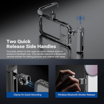 NEEWER Phone Cage Kit Compatible with iPhone 17 Pro Max Only, Video Rig Stabilizer Accessories with 67mm Filter Ring, 17mm Lens Backplate, T Mount Adapter, Two Quick Release Handles, PA144 (Black)