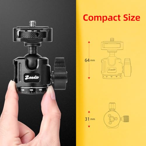 Zeadio Ball Head Mount with 1/4" & 3/8" Thread - 360° Panoramic Heavy Duty Metal Camera Mount Tripod Head for DSLR, Gimbal, Action Cam (Small,Height 64cm)