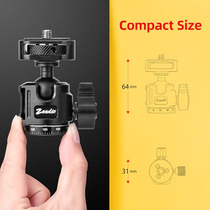 Zeadio Ball Head Mount with 1/4" & 3/8" Thread - 360° Panoramic Heavy Duty Metal Camera Mount Tripod Head for DSLR, Gimbal, Action Cam (Small,Height 64cm)