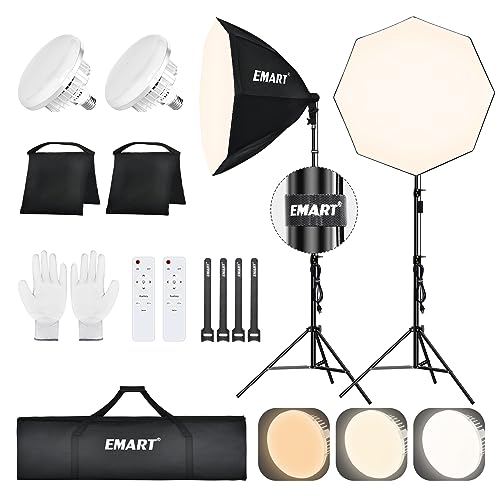 EMART Softbox Lighting Kit with Sandbag, 25.5" (65cm) Diameter Soft Box Lights with 2x135W 3000-6500K Remote Controlled LED Bulb, Photography Lighting Kit for Studio Video Recording, Filming, Portrait - color: 135W (3000-6500K), size: 25.5"Octa-2 Pack