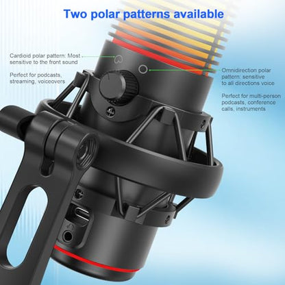 USB Gaming Microphone, 192kHz/24bit, Cardioid Condenser Microphone for Computer, Streaming Mic with RGB Light, Mute Button, Headphone Jack, Volume Control, Perfect for Xbox, Recording, Singing