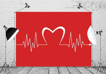 7x5ft Fabric Happy Valentine's Day Backdrop for Photography Art Design Health Medical Heartbeat Pulse Background for Lovers Valentine's Day Party Decoration Photo Studio Props - size: 7x5FT