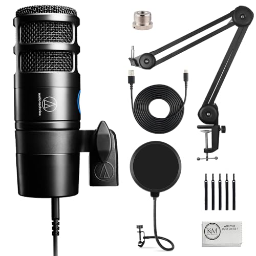 Audio-Technica AT2040USB Hypercardioid Dynamic USB Podcast Microphone Bundled with Pop Filter + Boom Arm + Cleaning Cloth (4 Items) - style: w/ Microphone Arm