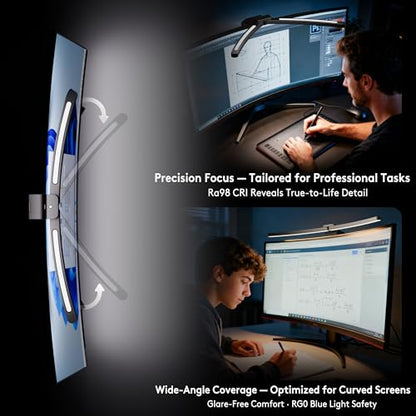 Quntis Curved Monitor Light Bar 15 RGB Backlight for 34"+ Screens, Computer Bar Lights Foldable Dual Light with Color Temperature Brightness Stepless Dimming, No Glare Desk Lamp for Home Office Gaming