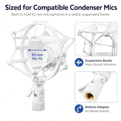 DECHOUS Studio Condenser Microphone Shock Mount with 52mm White Metal Anti-vibration Holder for Desktop Recording and Broadcast Boom Mic Stand