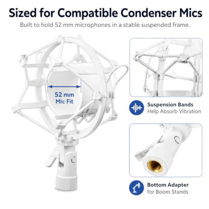 DECHOUS Studio Condenser Microphone Shock Mount with 52mm White Metal Anti-vibration Holder for Desktop Recording and Broadcast Boom Mic Stand