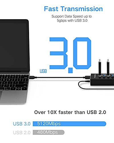 USB Hub 3.0 Powered Rosonway Aluminum 7 Ports USB 3.0 Data Hub Splitter with 24W (12V/2A) Power Adapter and Individual On/Off Switches USB Port Expander for PC and Laptop (RSH-A37S) - size: 7-Port Powered USB 3.0 Hub
