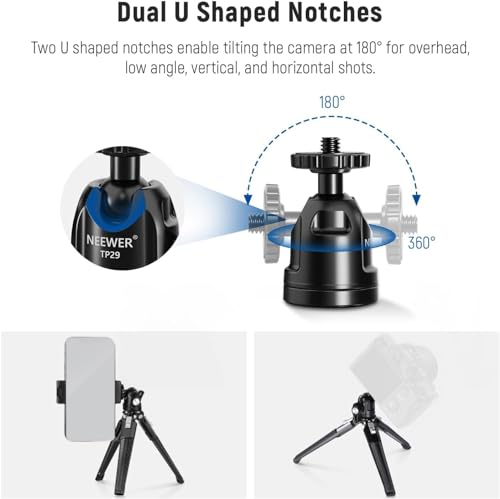 NEEWER Mini Metal Table Tripod with 360° Ball Head, Supports Vertical Recording and Handle, Portable Travel Tripod with 1/4 Inch Screw for Camera Mobile Phone Action Cam, Max. Load 3 kg, TP29 - style: TP29