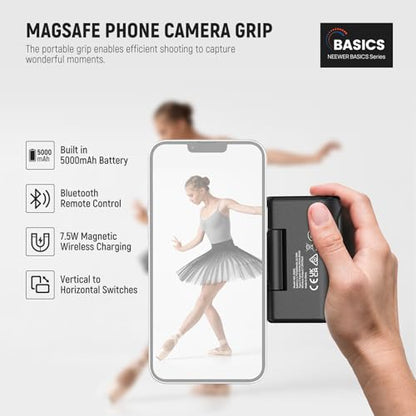 NEEWER Basics Magnetic Phone Camera Grip Handle with Shutter Remote Compatible with MagSafe iPhone ONLY, 18W Magnetic Charging, 5000mAh Rechargeable for Vlog Selfie Tripod Video Recording, WS-25001 - style: WS-25001