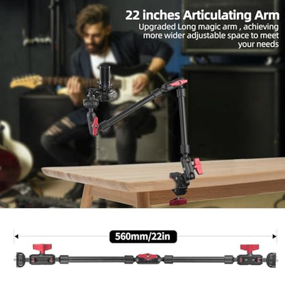 HEMMOTOP 22in Magic Arm with Clamp, Long Articulating Arm Camera Mount, Adjustable Phone Mount Holder 360° Rotation, Mic Arm for Microphone, LED Lights, for iPhone, Tripod, Desk, Table - size: 22 in