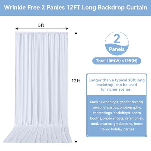 10FTx12FT White Wrinkle-Free Wedding Backdrop Curtain -Silky Washable White Polyester Drapes for Baby Showers, Birthday Parties, Photography, and Wedding Receptions-2 Panels 5FTx12FT - color: White, size: W5' x H12'(2 panels)