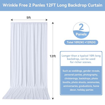 10FTx12FT White Wrinkle-Free Wedding Backdrop Curtain -Silky Washable White Polyester Drapes for Baby Showers, Birthday Parties, Photography, and Wedding Receptions-2 Panels 5FTx12FT - color: White, size: W5' x H12'(2 panels)