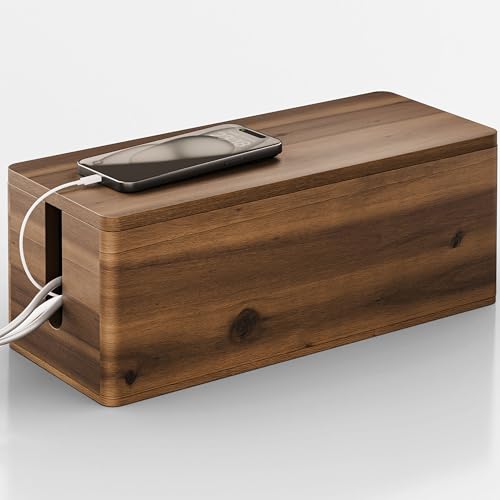 TIDITA Acacia Wood Large Cable Management Box Round Edge - 16" L Wooden Power Strip Box, Surge Protector Box - Cable Hider Box for Office, Living Room - 2 Open Slots, Magnetic Lid (Walnut Color) - color: Walnut, size: 16"