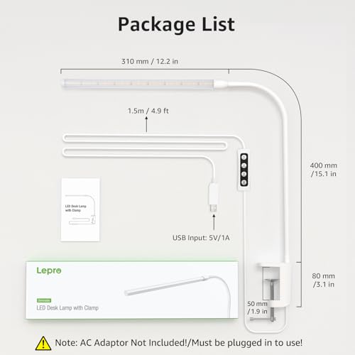 Lepro Small Desk Lamp with Clamp, LED Reading Lamps with 450LM, 3 Color Modes 10 Brightness, Dimmable USB Clip on Desk Light with Gooseneck Swing Arm for Nail, Home Office and Dorm (White) - color: White