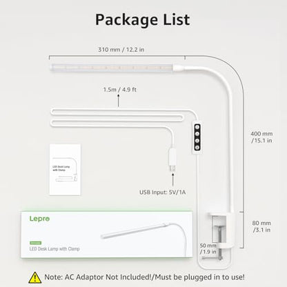 Lepro Small Desk Lamp with Clamp, LED Reading Lamps with 450LM, 3 Color Modes 10 Brightness, Dimmable USB Clip on Desk Light with Gooseneck Swing Arm for Nail, Home Office and Dorm (White) - color: White