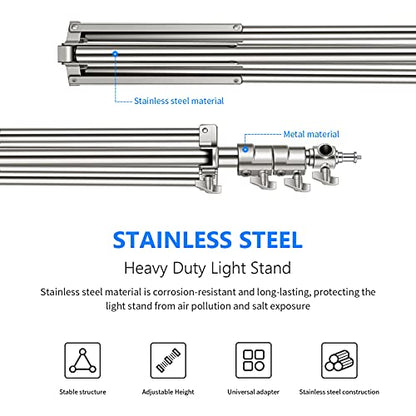 NEEWER 79"/2m Stainless Steel Light Stand, Spring Cushioned Heavy Duty Photography Tripod Stand with 1/4” to 3/8” Universal Screw Adapter for Strobe, LED Video Light, Ring Light, Monolight, Softbox - style: ST-200SS