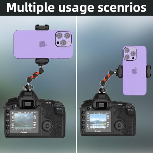 SOH Hot/Cold Shoe Phone Mount Holder, Universal 2 Ball Head Smartphone Mount Adapter, Cold Shoe Phone Clip Mount for iPhone 17/16/15, DSLR Camera LCD Camera Cage Flash LED Light Microphone and More - color: BLACK&RED