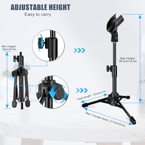 Desk Mic Stand, JCWINY Portable Foldable Microphone Tripod with Mic Clip Holder Adjustable Microphone Stand Desk Table for Blue Yeti Snowball Spark and Other Dynamic Microphones - style: Standard