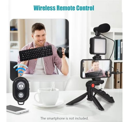 Smartphone Vlog Kit with Mini LED Light, Microphone, Extendable Phone Clip, Tripod, and Adjustable Brightness for Live Streaming, Selfies, Tiktok, YouTube, and Podcast (Phone/Android)