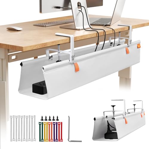Under Desk Cable Management Tray, 36" No Drill Cord Management, Storage Table Under Desk Organizer with Clamp/Screws, Standing Cord Organizer Tray White Fabric for Home Office - color: White, size: 36"L x 5.5"W
