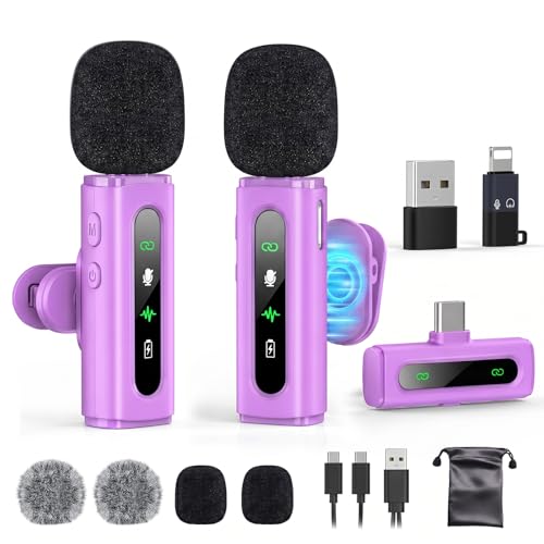 USB C Lavalier Microphone Wireless Mini Mic for Type-C Android Phone/Tablet/PC Video Recording Clip-on Mics with Rotatable Clip&Denoise Recording, Ideal for Vlog Tiktok Youtube Content Creator, Purple - color: Purple, size: Without Charging Case