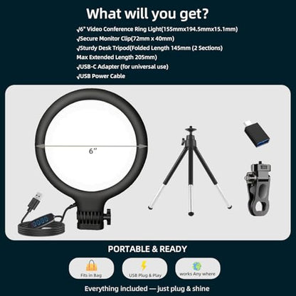 Computer Video Conference Lighting for Zoom: 6in Dimmable 3200K-6500K Ring Light with Monitor Clip & Desk Tripod - Professional Eye-Caring Webcam Light for Home Office Teams Video Calls & Streaming