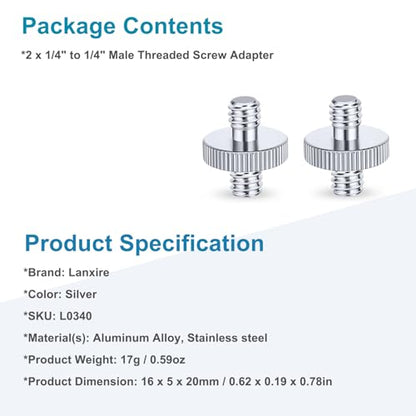 1/4" Male to 1/4" Male Threaded Tripod Screw Adapter, Double Head Stud Mounting Thread Converter for Camera, Monitor, LED Light, Microphone, Shoulder Rig - 2 Packs