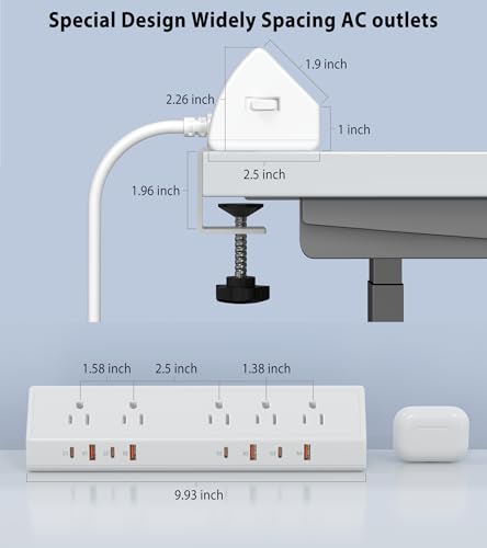 Desk Clamp Power Strip 65W Fast Charging Station,4 PD USB-C,5 Outlets,Nightstand Desk Edge Mount Tower Surge Protector,15 Amp Heavy Duty Power Strip,Fits 1.96" Tabletop Edge (White, 6 FT Cable) - color: White, size: 6 FT Cable