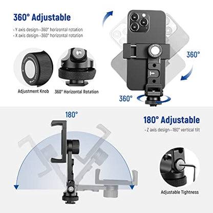 NEEWER Metal Cell Phone Tripod Mount Adapter with 4 Cold Shoes & Three 1/4" Screw Holes, 360° Horizontally Rotatable, 180° Tiltable Phone Holder Compatible with iPhone Samsung for Vlogging Streaming - style: PA1
