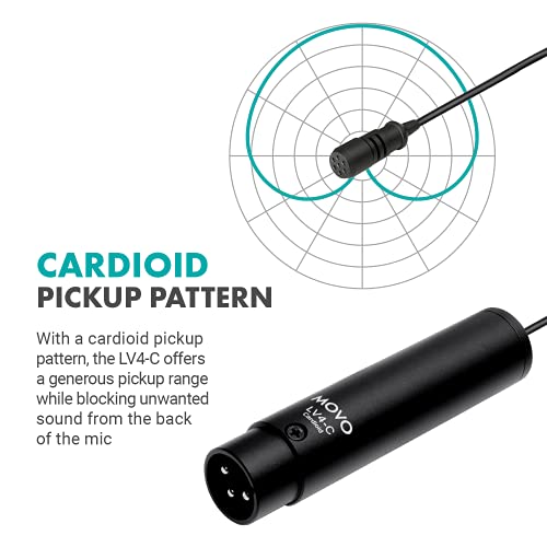 Movo LV4-C Cardioid XLR Lavalier Microphone Phantom Power with Metal Lapel Clip and Windscreen Accessories - Great External Lav Mic for Music, Podcast, Live Stream, Filming or YouTube Recording