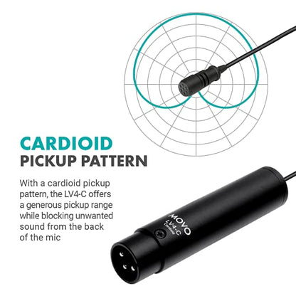 Movo LV4-C Cardioid XLR Lavalier Microphone Phantom Power with Metal Lapel Clip and Windscreen Accessories - Great External Lav Mic for Music, Podcast, Live Stream, Filming or YouTube Recording