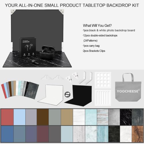 Product Photography Backdrop Kit, 11.7 x 16.5 in, 12 Double-Sided Backdrops | 24 photo background designs, foldable backdrop board and shadow props for food, skincare, jewelry and handmade products. - color: Dark