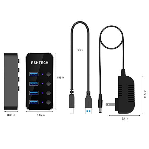 Powered USB Hub, RSHTECH 4 Port USB 3.0 Hub Splitter Portable Aluminum USB Data Hub Expander with Individual On/Off Switch and Universal 5V AC Adapter, 3.3ft USB 3.0 Cable (RSH-516) - size: 4-Port Powered USB 3.0 Hub