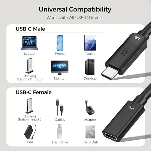 Cable Matters 40Gbps USB C Extension Cable - 1.6ft / 0.5m, Supports [8K@60Hz/4K@240Hz Video, 240W Charging, 40Gbps Data Transfer] USB 4 Extension Cable, Thunderbolt 4/5, Nintendo Switch 2 Compatible - size: 1.6 Feet