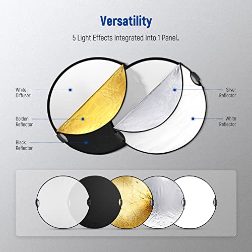 NEEWER 43"/110cm Light Reflector with Handle Grip with 3/8" Thread, 5 in 1 Collapsible Disc Light Diffuser Translucent/Silver/Gold/White/Black for Photography Lighting, Outdoor Lighting, RF-110II - style: 110cm