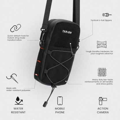 TARION Backpack Strap Pouch with POV Camera Mount, MOLLE Phone Holder | Water-repellent shell, waterproof zipper, detachable crossbody strap for biking hiking travel & POV vlog fits Pro Max phones