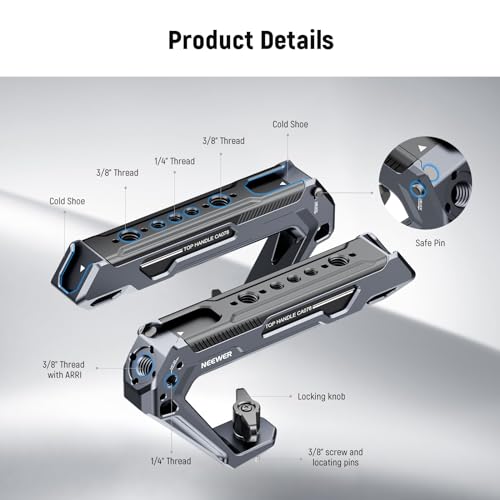 NEEWER All Metal Stylish Camera Top Handle with 3/8" Screw and Locating Pins, 1/4" &3/8" Threads, Cold Shoes, Anti Off Lock, Compatible with SmallRig Camera Cage Video Rig Stabilizer, CA078 - style: CA078
