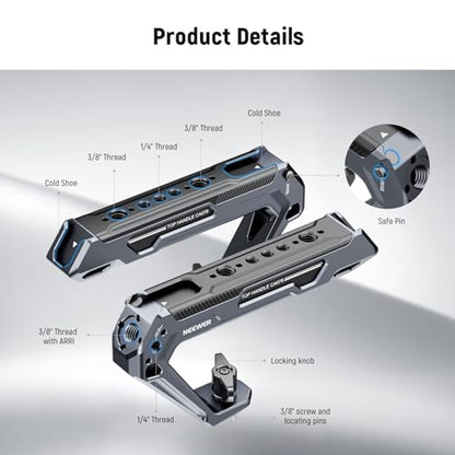 NEEWER All Metal Stylish Camera Top Handle with 3/8" Screw and Locating Pins, 1/4" &3/8" Threads, Cold Shoes, Anti Off Lock, Compatible with SmallRig Camera Cage Video Rig Stabilizer, CA078 - style: CA078