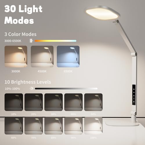 LitONES LED Desk Lamp for Home Office, Professional Eye-Caring Diffused Desk Light, 3 Color 10 Brightness Computer Light, Dimmable Office Lamp with Memory & Timer Func, Metal Swing Arm Table Lamp - color: White