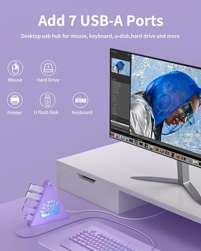 7-Port USB 3.0 Hub, Light Purple Vertical USB Splitter with Tree-Inspired RGB Lights, 5Gbps High-Speed Transfer, 2FT Cable, Compatible with MacBook, PC, Flash Drive, Console, Printer, Camera - color: 2-Tree Light Purple