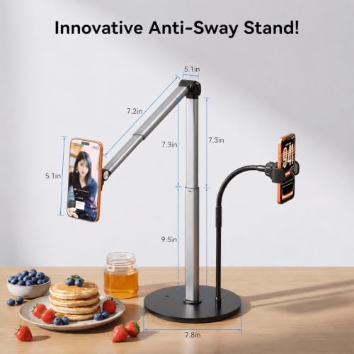 Heavy Duty Aluminum Overhead Phone Stand for Recording, Adjustable iPhone Tripod for Overhead Shots, Sturdy Stand for Cooking, Filming, Painting, with Extension Rods & Clip – Perfect for Creators(Mix) - style: Mix