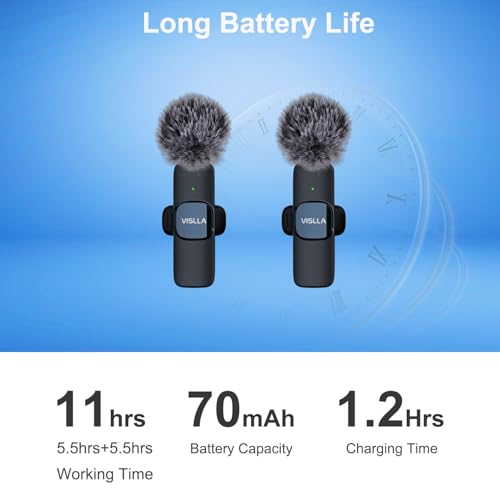 Vislla Mini Microphone for iPhone & Android,11H Battery, Noise Cancelling Wireless Lavalier Mic, Clip On Lapel Mic Pro for Content Creator Vlogging/YouTube/Tiktok/Video Recording/Streaming/Interview