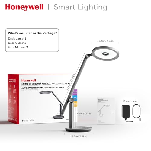 Honeywell Desk Lamp for Home Office, H6 Sunturalux™ Eye-Caring Led Desk Light, 800LM Dimmable Desk Lamp with Timer, Touch Control Tall Desk Reading Light, Table Lamp for Circle Webcam, Study, Bedroom - color: Gray